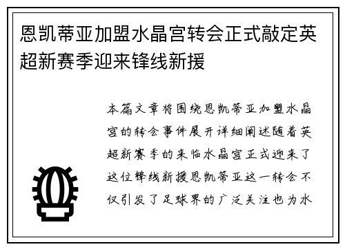 恩凯蒂亚加盟水晶宫转会正式敲定英超新赛季迎来锋线新援