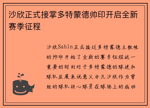 沙欣正式接掌多特蒙德帅印开启全新赛季征程