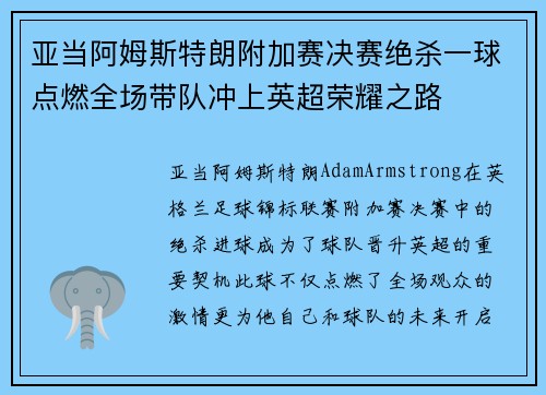 亚当阿姆斯特朗附加赛决赛绝杀一球点燃全场带队冲上英超荣耀之路