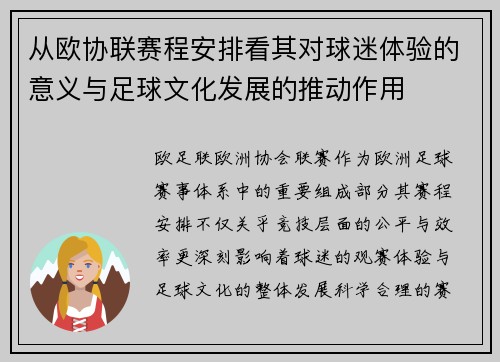 从欧协联赛程安排看其对球迷体验的意义与足球文化发展的推动作用